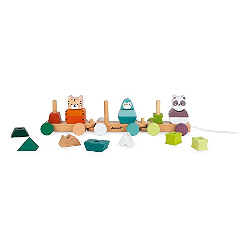 Image of Janod World Wildlife Federation - Pull Along 21 Piece Animal Stacking Train - Ages 2+ - J08603