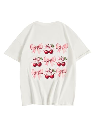 Verdusa Girl's Graphic Tees Cute Bow Cherry Print Short Sleeve T Shirts Oversized Tee Tops