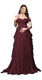 Off Shoulder Baby Shower Pregnant Gown for Women Strapless Layered Tulle Long Pregnancy Photography Dress Burgundy