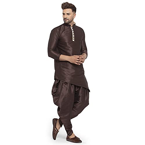 Image of Men's Silk Balloon Salwar Dhoti Pant Set (Brown Slant Slit K But Brown Sal Dh36 Brown 36)