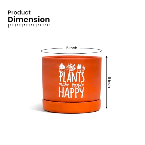 Image of Urban Plant Plants Make People Happy Terracotta Pot with Saucer (5 Inch) | Printed Clay Planter with Drainage Hole | Decorative Indoor Plant Pot for Tabletop, Desk & Home Decor