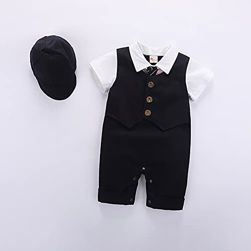 Idopip Baby Boy One-Piece Rompers Short Sleeve Jumpsuit Gentleman White Shirt Waistcoat Bowtie Tuxedo Formal Suit Infant Birthday Wedding Christening Outfit Clothes With Hat Black + Hat 6-9 Months thumb #3