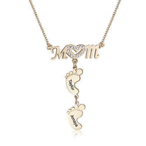 RESVIVI Personalized Mom Heart Symbol Necklace with Child Name Feet Charms Rose Gold