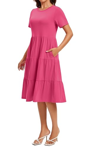 Image of Womens Summer Short Sleeve Crew Neck Midi Dress 2026 Casual Fit Flowy Tiered Beach Vacation Sundress with Pockets