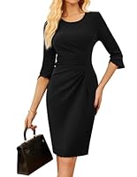 GRACE KARIN Damen Formelles Business Kleid Bleistiftkleid 3/4 Ärmel Retro Rundhals Wickelkleid Slim Fit Cocktailkleid Schwarz L