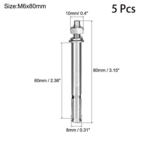 Image of 5 Pcs M6 x 80mm 304 Stainless Steel Expansion Bolt External Hex Expansion Screw Bolt Sleeve Anchor,Pool Safety Cover Expansion Bolts,for Concrete