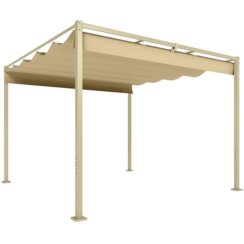 Outsunny Gazebo Pergola 3x3 m Pergolato con Telo Resistente Richiudibile Retrattile, Struttura in Metallo, Pergola per Giardino, Terrazzo, Balcone, Veranda, Patio, Piscina e Esterno, Cachi