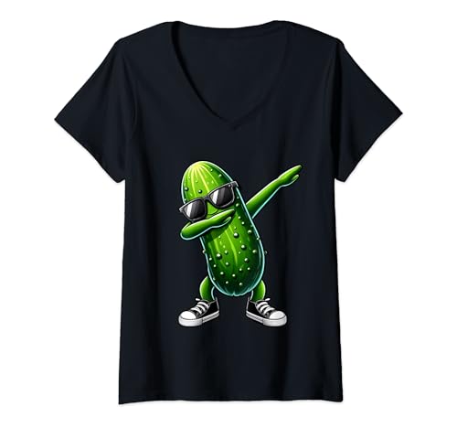 Mujer Dabbing Pickle con gafas de sol frescas Amante del pepino Camiseta Cuello V