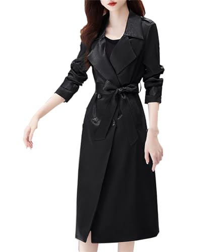 Betusline Women's Satin Trench Coats Double-Breasted Long Coat with Belt2