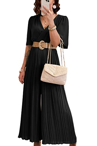 Prettygarden Women's Jumpsuits Casual Wrap V Neck Ruffle Sleeve Wide Leg Flowy Romper One Piece Summer Outfits (Black,X-Large) #TOP15