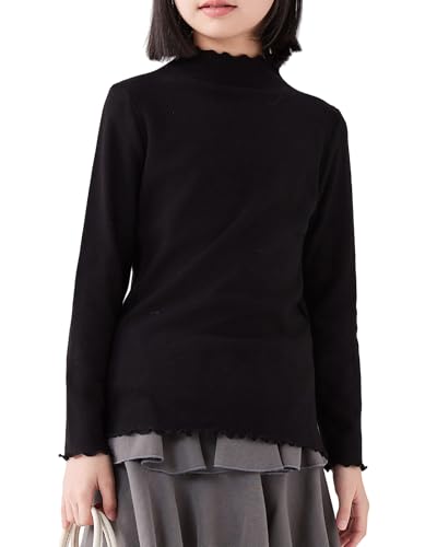 Image of ACESTAR Girls Solid Lettuce Trim Mock Neck Shirt Long Sleeve Slim Fit Ribbed Knit Tee Ruffle Tops Soft Base Layer