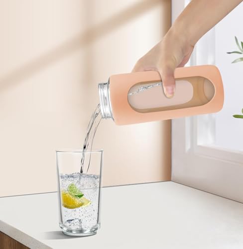 Image of Glassbunny Glass Drinking Bottle with Leakproof Stainless Steel Cap and Cover, Reusable Juice Bottles Beverage Drinkware, to Go Travel Bottles for Drink 750ML