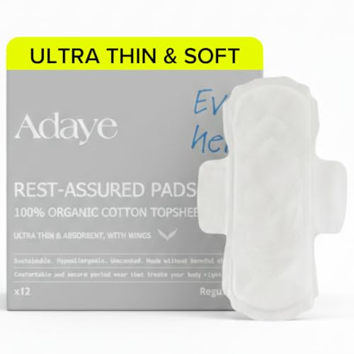 Adaye Organic Pads for Women | 100% Organic Cotton Pads with Wings | Ultra-Thin Hypoallergenic Toxin-Free Unscented Sanitary Pads | Sustainable & Plastic-Free (Pack of 12) Regular
