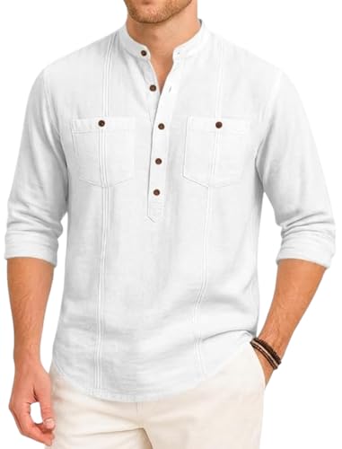 Image of ROYALSCOUT Men's Cotton Polyester Blend Kurta Style Shirt with Mandarin Collar, Half Button Placket, Dual Chest Pockets, Long Sleeve Casual Ethnic Fusion Wear for Office, Festive and Daily Use