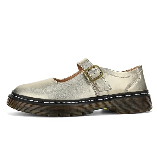 Image of Women's Mary Jane Flat Shoes Comfort Platform Buckle Ankle Strap Flats Breathable Slip On Lightweight Office Work Shoes Gold,8 US