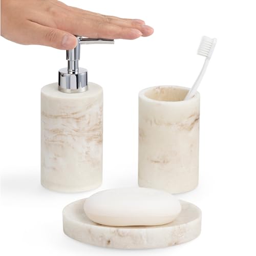 Navaris Juego de jabonera y portacepillos marmol - Set de Accesorios de baño con 1x dispensador de Gel 1x Bote para cepillos y 1x Bandeja para jabón - Imitación Piedra de marmol