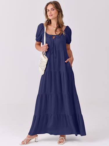 ANRABESS Women's Boho Maxi Dresses 2025 Summer Casual Floral Puff Short Sleeve Tie Front Flowy Swing Tiered Long Beach Dress2