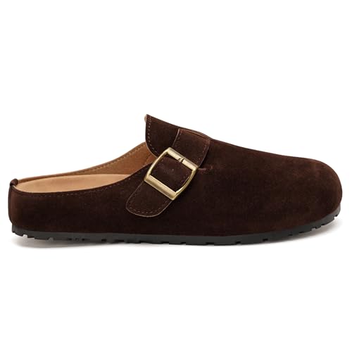 GLAMORA Sabots plats pour femme avec boucle, mocassins confortables avec semelle rembourrée, semelle antidérapante, chaussures décontractées pour bureau et quotidien, style urbain élégant, marron, 40