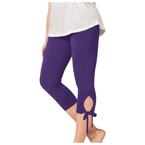 Girls Thin Stretchy Cropped Leggings 3/4 Length Tights Bowknot Side Tie Capri Pants High Waist Yoga (Purple, 2-3 Years)