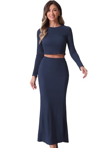 Allegra K Women's 2 Piece Sets Long Sleeve Crop Top High Waist Mermaid Maxi Skirt Fashion Casual Sets