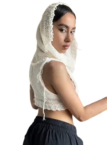 Image of Women Knitted Hoodie Sweater Vest Sexy Sleeveless Hollow Out Hooded Crop Top Streetwear Rave Oufit