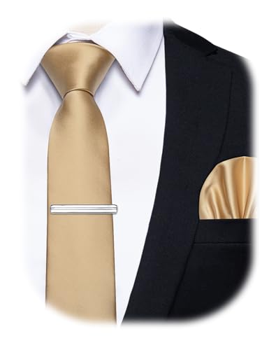 Image of YourTies Skinny Ties for Men Satin 2.4 inch Slim Necktie with Pocket Square Tie Clip Set Solid Color Wedding Party Business