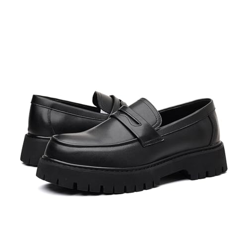 Men's Leather Platform Chunky Slip-On Penny Loafers Classic Business Casual Formal Work Shoes