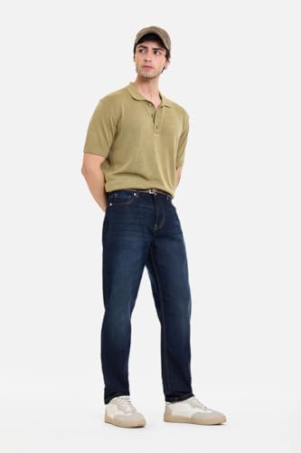 Image of SNITCH Men Casual Jeans | Relaxed Fit Straight Leg Washed Pattern & Drawstring Closure | 100% Cotton Denim Fabric for All Day Comfort & Everyday Wear