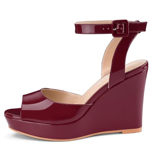 Image of Women's Dressy Platform Wedge Sandals Gold Wedges Peep Toe Patent High Heels Slingback Heeled Comfortable Ankle Strap Shoes