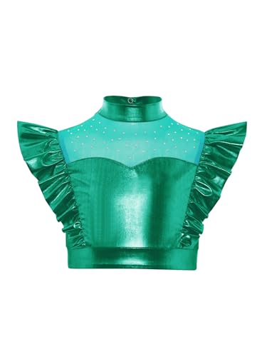 Girls Metallic Shiny Dance Crop Tank Top Mock Neck Mesh Patchwork Ruffle Sleeveless Crop Camis Dancewear