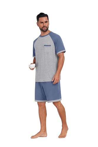Image of Mens Pajamas Set Lightweight Summer Pjs Sleepwear Soft Comfy Short Sleeve Loungewear With Pocket (S-4X)
