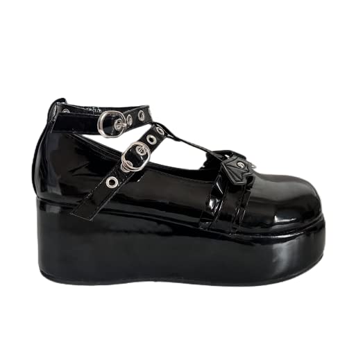 Image of Women's Platform Mary Janes Heart Cat Buckle Rivets Ankle Lolita Gothic Princess Platform Pumps Patent Leather Thorn Vintage Traditional Embroidery Upper Dress Shoes