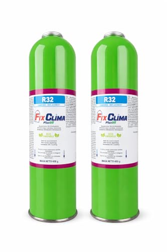 FixClima 2 x 400g R32 Kältemittel PlusOil Nachfüllflasche für Haus-Klimaanlagen Ersatzgas für Split- und Mobile AC einfache Anwendung verbesserte Kühlleistung klima-freundlich 800g