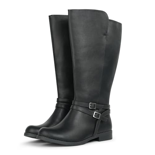 Women's Super Extra Wide Calf Side Zipper Double Buckle Knee High Riding Boots