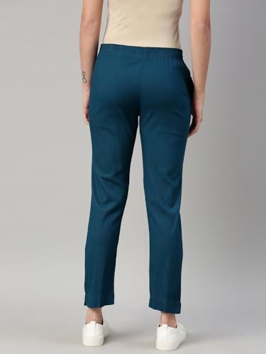Image of MINELLI Women Solid Cigar Pants, Cotton Lycra Slub Fabric, Elasticated Waistband, Pull On Style, Regular Fit Bottom Wear for Western and Ethnic Wear