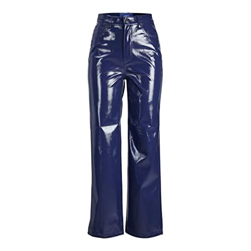 Jack & Jones Damen JXKENYA HW STRA Faux Leat Pant NOOS Hose, Medieval Blue/Detail:Shiny, M