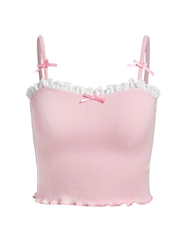 Floerns Girl's Spaghetti Strap Lace Trim Bow Front Lettuce Trim Cami Top