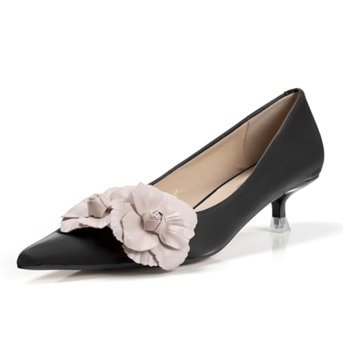 Elegant Closed Pointy Toe Kitten Heels for Women Low Heeled Women's Flower Pumps Slip On Bridal Wedding Dressy Party Cute Pump Shoes