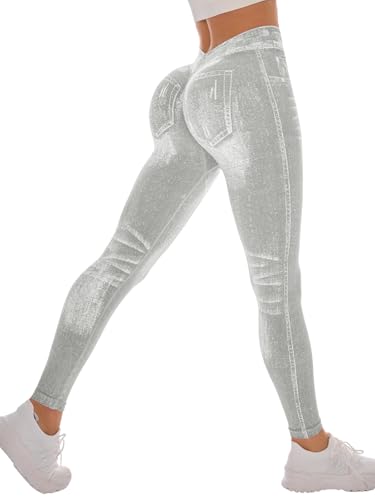 V Back Faux Denim Jeggings for Women Butt Lifting Tummy Control High Waisted Jeans Yoga Pants Scrunch Leggings