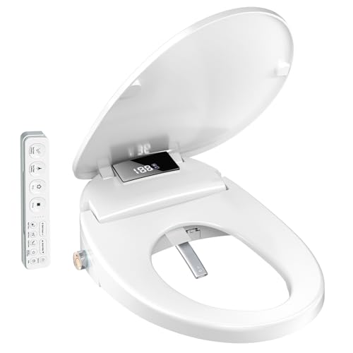 WLJBIDET Electric Heated Bidet Toilet Seat with Remote Control Adjustable Warm Water & Pressure Air Drying Self-Cleaning Nozzle Oscillating Cleaning Display Screen Slow Closed Lid - Round