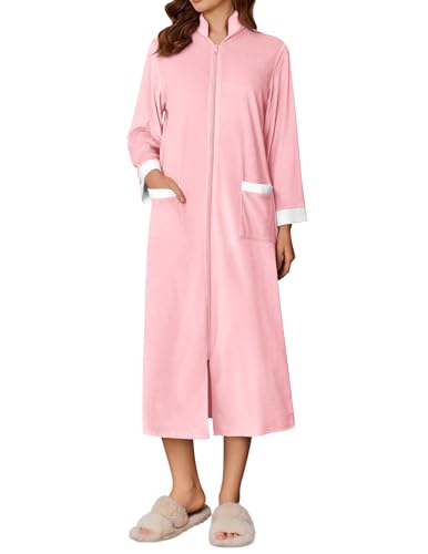 Ekouaer Women Zipper Robe Long Sleeve House Coats Velour Robes Soft Bathrobe with Pockets Nightgown(Pink,X-Large)