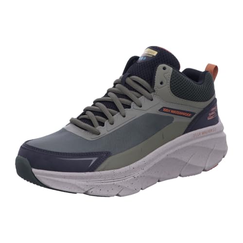 Skechers Zapatos D'lux Walker 2.0 para Hombre, Malla de Piel de Vaca Verde Oliva con Ribete Naranja, 43 EU