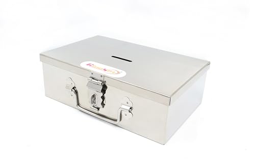 Image of Stainless Steel Storage Boxes - Multi-Purpose Safe Locker and Cash Box with Removable Tray (4 Compartments) for Shop Counter Drawer