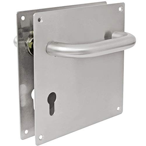 Amig - Juego de Manillas con Placa para Puertas | Mod. 3CB85 | 180x180 mm | Cuadradillo de 8 mm | Con bocallave de 85 mm | Acero inoxidable 18/8 Plateado Mate
