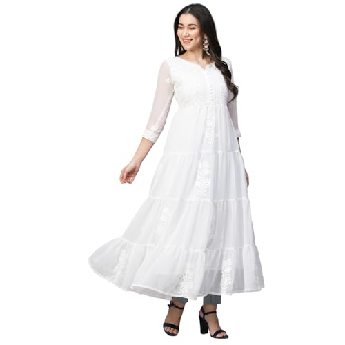 Image of RATAN Women's Solid Georgette Tiered Chikankari Flared Kurti Gown Maxi Dress