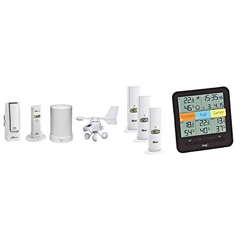 TFA Dostmann Weatherhub Wetterstation-Set mit Klima, Regen und Windsender & Klima Home Hygro-Station 30.3060.01 Funk-Thermo-Hygrometer mit 3 Sendern, Schwarz, (L) 128 x (B) 32 (58) x (H) 128 mm