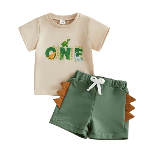 Kaipiclos Baby Boy First Birthday Outfit Dinosaur One Year Old 1st Birthday Boy Shirt Short Sleeve Tops Shorts Summer Clothes (Apricot 12-18 Months)