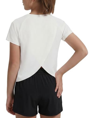 Image of EXARUS Girls Athletic Shirts Quick Dry Workout Split Back Crop Tops 6-14Y | Tween Athletic Sports Soccer Activewear Gym Running Dri Fit Teen Tennis Performance Hiking Short Sleeve Tees Kids 6-14Y