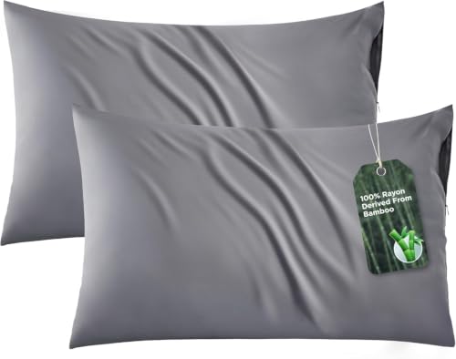 Bedsure Zipper Pillow Cases Standard Size Cooling Pillow Cases Set of 2 Rayon Derived from Bamboo Cooling Pillowcase for Hot Sleepers Soft & PureWoven Pillow Covers Gift Dark Grey 20x26 Inches