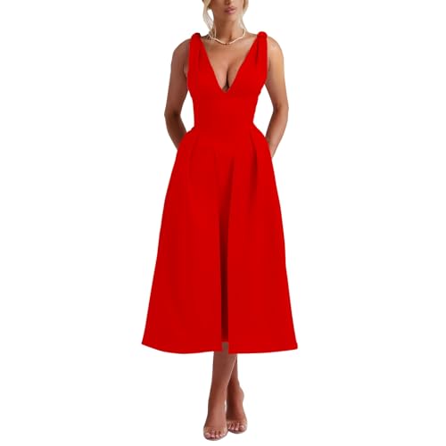 Womens Flared Midi Dress Sleeveless Tank V Neck Tea Party A-Line Maxi Club Cocktail Dresses Sexy Sundresses Red M